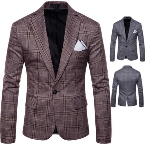 2019 New Plaid Check Men Suit Jacket Men Blue Casual Blazer Business Formal Costume Men Suit Blazer Woolen Slim Suit Jacket Men