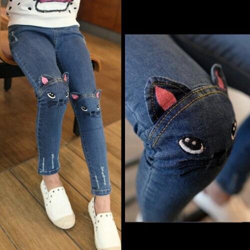 New Fashion Spring Kids Girls Jeans Autumn Cute Animal Cat Jeans Fille Pencil Cowboy Kids Clothes Winter Girl Pants