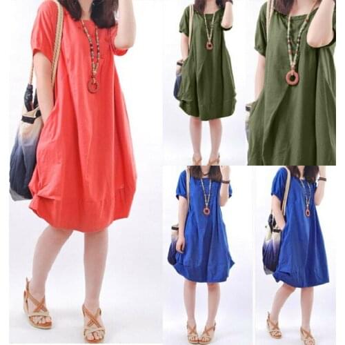 NEW Womens Casual Loose Dress Cotton Linen Tunic Summer Long Maxi Beach Sundress