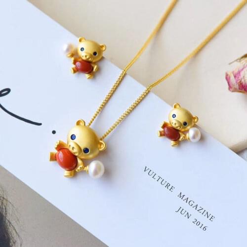 New silver inlaid South Red Jade Necklace Earrings Chinese style retro lovely bear pearl cool wind fresh charm womens jewelry
