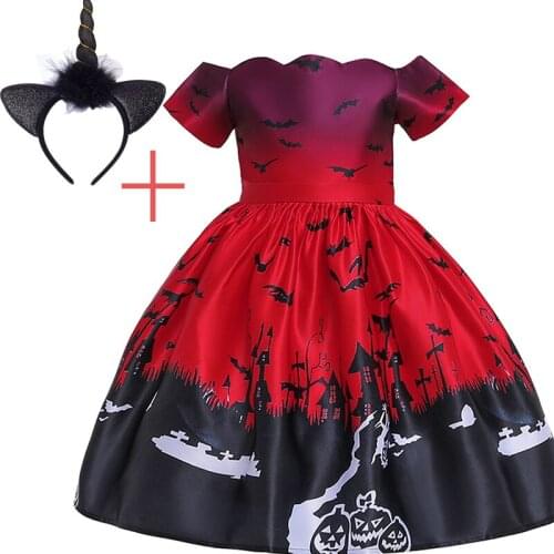 2019 Girl dress Halloween Pumpkin Black Dress Party Cosplay Ball Gown for baby Girls dress with LED Unicorn headband