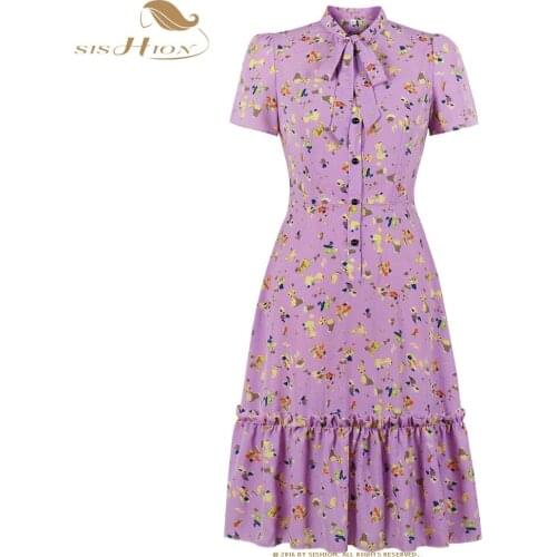 SISHION Purple Short Sleeve Stand Collar Ruffled Midi Dress SP1283 Floral Dresses Women Vintage Retro Chic Womens Clothing