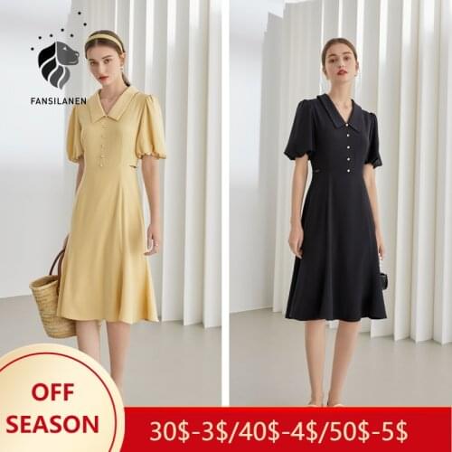 FANSILANEN Office Lady French Puff Sleeve Black Yellow V-Neck Dress Women Summer 2021 New Retro Fishtail A-Line Dress