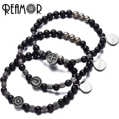 REAMOR Stainless Steel Horseshoe&Rudder&Cross beads with Natural Black Onyx&Iron Pyrite bead Stretch Bracelet for Men Jewelry