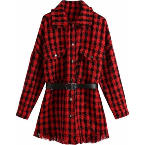 Nice Casual Woman Plaid Woolen Long Shirts New Vogue Ladies Autumn Belt Jacket Female Loose Vintage Lapel Pocket Outerwear