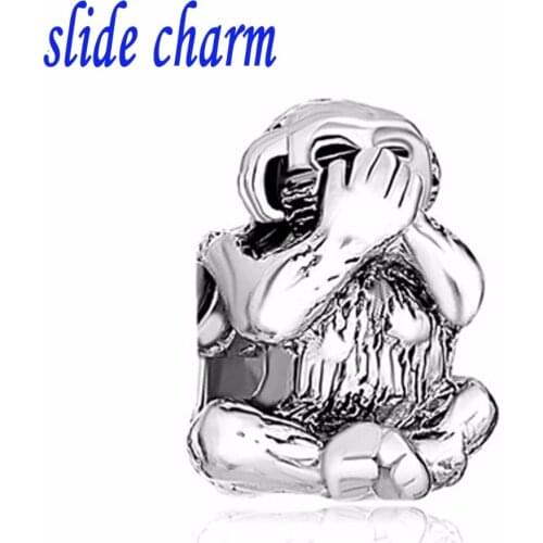 Slide charm Free shipping Christmas gifts do not look evil monkey beads fit Pandora bracelet charm bracelets and jewelry