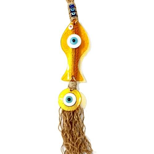 Handmade Honey Color Fish Pattern Glass Wall Ornament With Evil Eye Beads