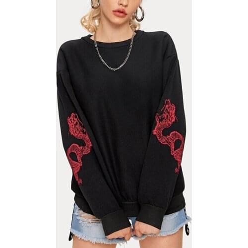 Two dragons print long sleeve crewneck sweatshirt jersey casual warm thick fleece hoodie fall winter 2021 women clothing C194