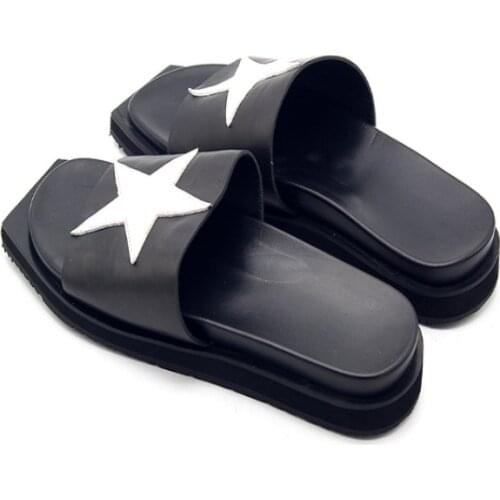 Summer Men Loafers Slippers Med Irregular Platform Flats Slides Star Spliced Top Quality Genuine Leather Unisex Beach Slippers