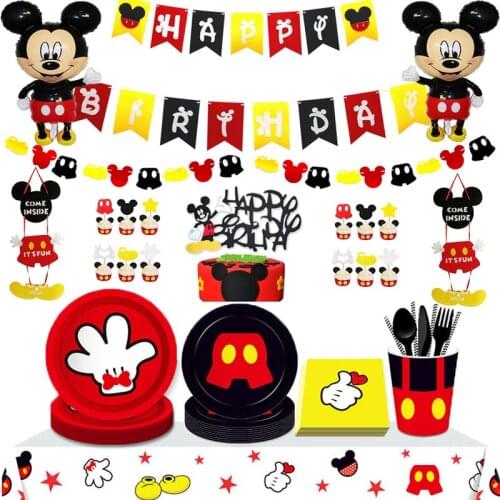 Mickey Mouse Birthday Party Decorations 8 People Disposable Plate Napkin Cup Tablecloth Christmas Tableware Kids Dinner Sets