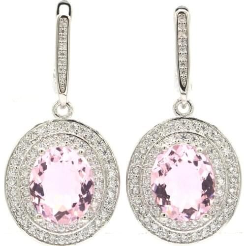 38x18mm Gorgeous Pink Kunzite White CZ Women Wedding 925 Sterling Silver Earrings