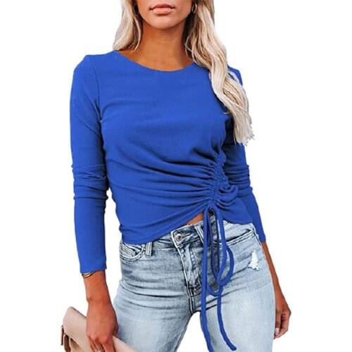 Shirring Folds O-neck Solid Color Autumn 2021 Fashion Tops Women T-shirt Elegant Skinny Slim Long Sleeve Casual Ladies T-shirts