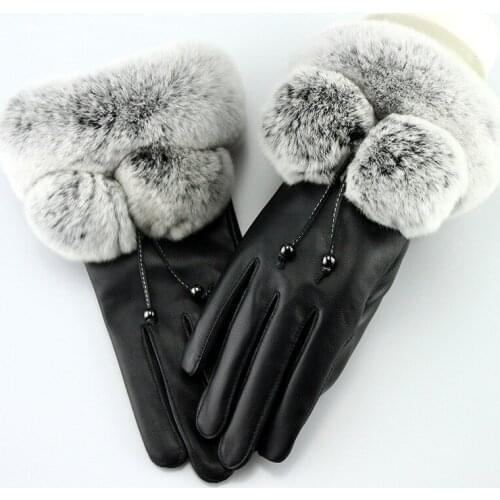 JKP Womens Leather Gloves Ladies Sheepskin Rabbit Hair Touch Screen Gloves Autumn and Winter Warm Plus Velvet Gloves ST-003
