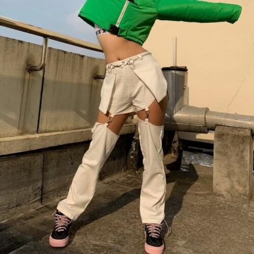 Punk Style Jeans Women Hip Hop Pocket White Hole Ripped Denim Pants Lady Autumn Straight Trousers Chain Detachable Pants Female