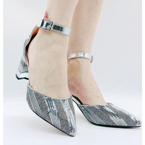 Stripe Sequined High Heels Office Dress Women Shoes Ladies Pumps Ankle Strap Golden Square Heeled Shoes Girls Graduation Shoe