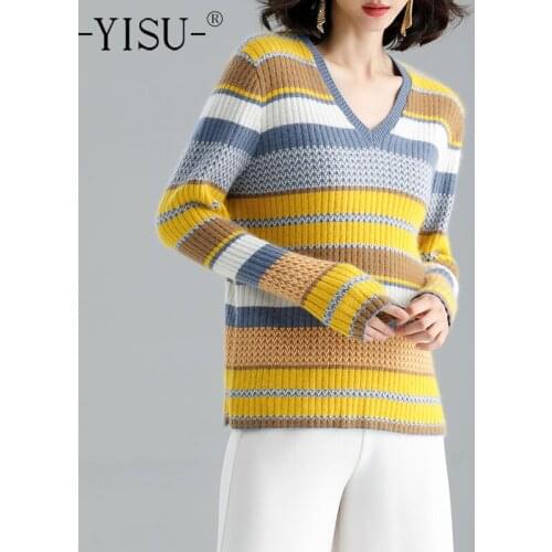 YISU Women Sweater Winter Warm Tops Long sleeve V-Neck Casual Knitted pullover Stripe Loose Stitching color Wool Female Jumper