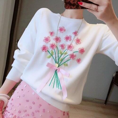 Floral Embroidery White Sweater Black Pullover Sweater Jumpers 2021 Autumn Winter Sweater Women Crew Neck Knitwear Streetwear