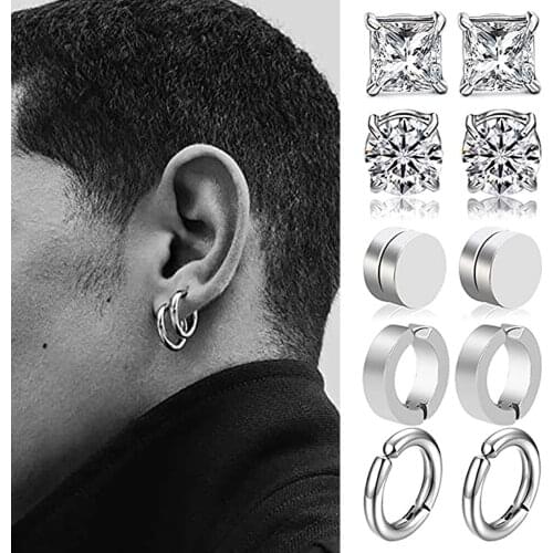 1 Pair 316L Stainless Steel Magnetic Stud Earring for Men Women hypoallergenic Clip On Non Pierced Cool Black CZ Earring Set