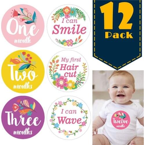 12 Pcs/Set First Year Baby Monthly Milestone Photo Sharing Baby Belly Stickers Birth to 12 Months 8 Bonus Achievement Stickers