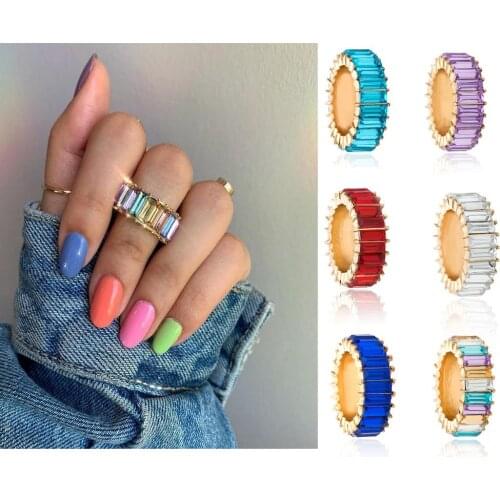 2020 New Hot Sale Thin Baguette Rainbow CZ Gold Ring For Women Fashion Engagement Wedding Band Top Quality Charm Jewelry