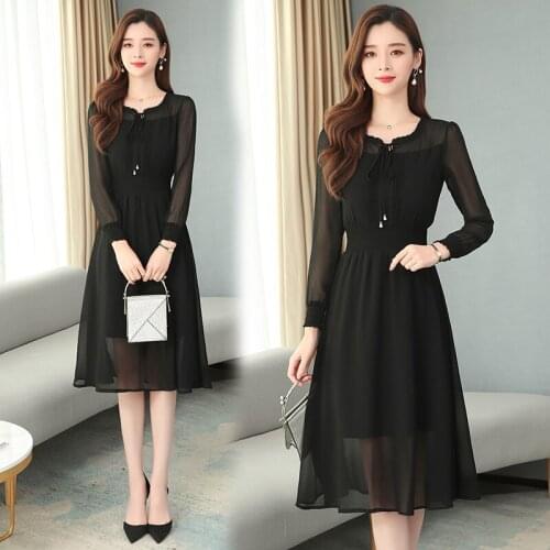 2021 Vintage Plus Size Solid Casual Chiffon Midi Dress Spring Autumn Office Lady Sexy Dresses Women Bodycon Party Black Vestidos