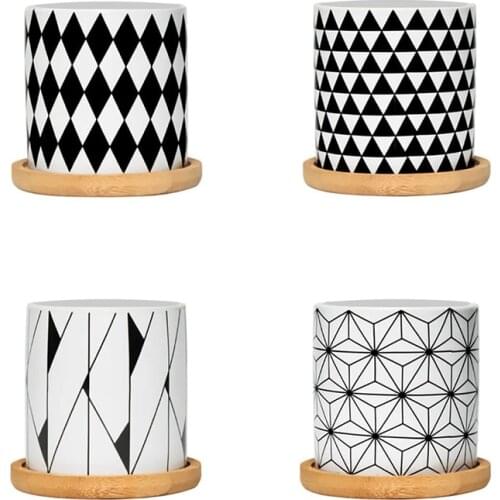 4PCS Ceramic Little Pots for Plants, Geometric Pattern Succulent Plant Pots Planters with Bamboo Tray for Home Decor