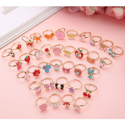 6PCS Trendy Children Kids Sweet Cute Adjustable Cartoon Crystal Alloy Animal Enamel Rings Girls Pretend Play Rings For Kids