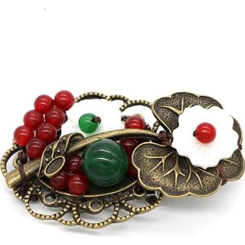 Ethnic Bronze Alloy Butterfly Brooch Barrettes Chinese Style Brooches Jewelry Shell Floral Red Bead Hairpin Hair Accessories