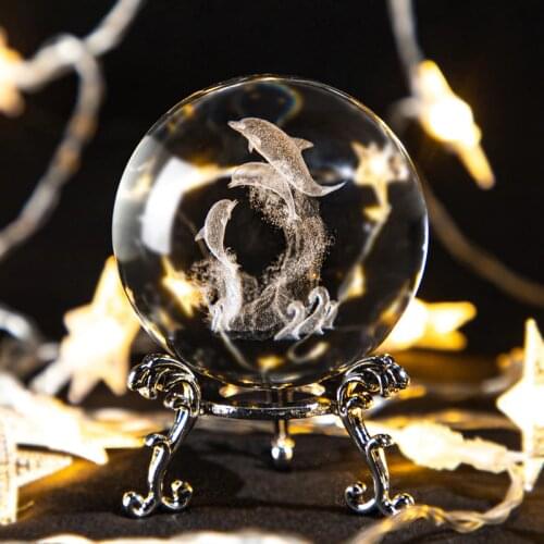 H&D 3D Dolphin Crystal Ball Figurine 60mm Laser Engraved Porpoise Sphere Model Anniversary Gift for Kids Birthday Christmas
