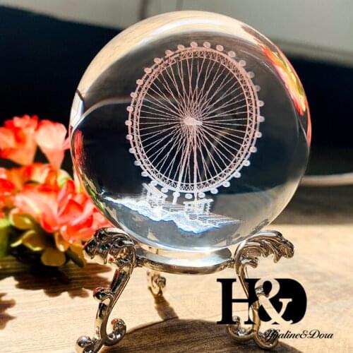 H&D 6cm 3D Laser Engraved Crystal Ball Ferris wheel Miniature Glass Sphere Home Decor Accessories Ornament Girls Gift with Stand