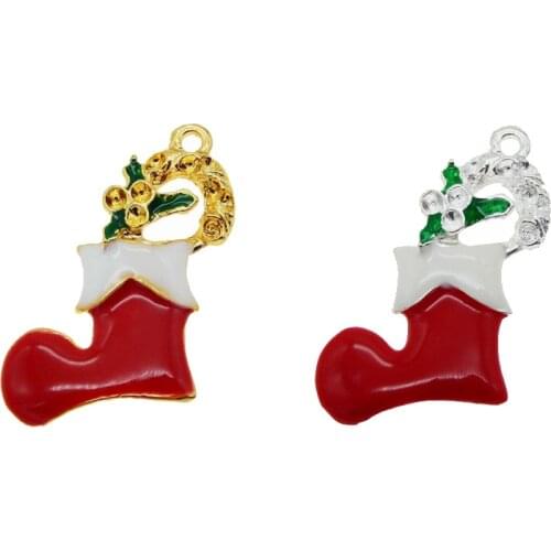 Julie Wang 12pcs Enamel Christmas Stocking Charms Alloy Gold Silver Color Jewelry Making Xmas Hanging Crafts DIY Findings