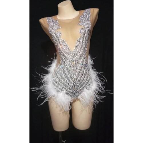 Sparkly Rhinestone Feather Bodysuit Sexy Transparent Dance Leotard Nightclub Party Birthday Outfit Show Stage Performance Wear