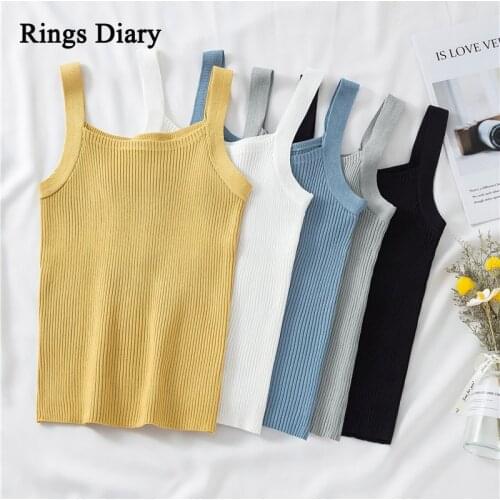 Rings Diary Women Rib Knit Tops Summer Slim Fit Basic Knitting Tops Sleeveless Female Street Solid Tank Tops Vintage White Top