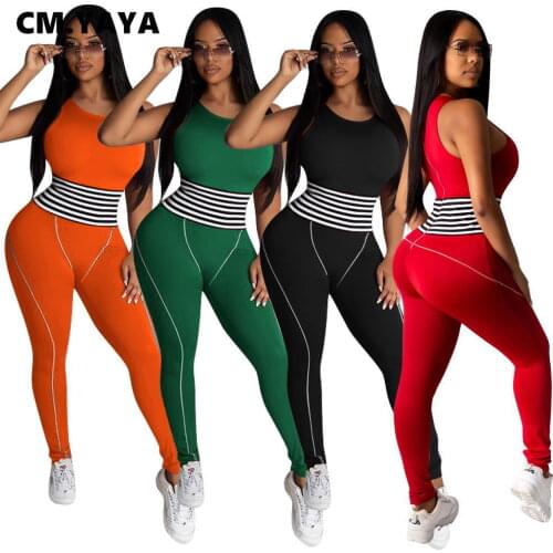 CM.YAYA Women Striped Patchwork Jumpsuit for Skinny Active Elastic Sleeveless Tank Bodycon Romper Sport Overall Outfits Playsuit