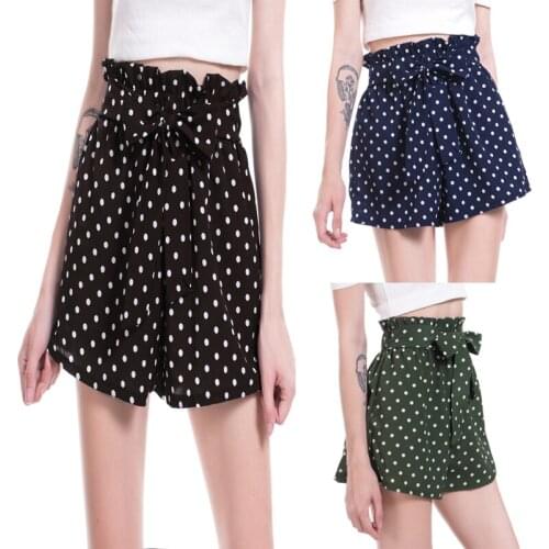 Ensnovo Summer Dot Tie Elastic Waist Shorts Slim Thin Wide Leg Shorts Loose Mid Waist Casual Shorts