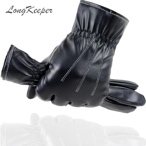 LongKeeper PU Leather Winter Gloves For Driving Mens Touch Screen Plus Velvet Mitten Cashmere Black Guantes Luva