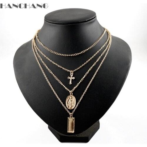 Multi-layer Necklace Women Fashion Jewelry Cross Gold Color Coin Link Chain Charms Female Choker Clavicle Chains