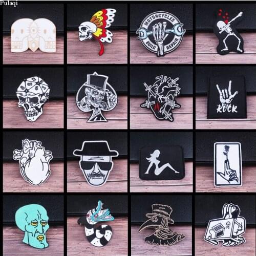 Pulaqi Punk Black White Patch Embroidered Iron On Patches For Clothing Hippie Grim Reaper Skull Stickers Stripes For Clothes DIY