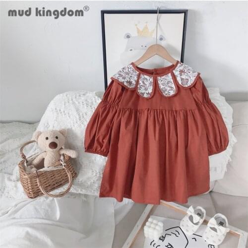 Mudkingdom Little Girl Dress Vintage Floral Peter Pan Collar Loose Solid Princess Dresses Girls Long Puff Sleeve Autumn Clothes