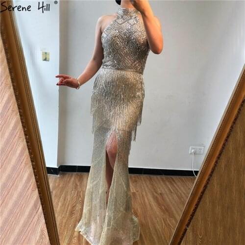 Mermaid Tassel Luxury Halter Rhinestones Prom Dress Sleeveless Mermaid Slit Robe de Soiree Serene Hill DLA60776