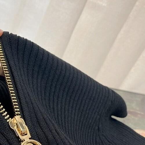 2021 Early Autumn New Style Zipper Big Lapel Sweater Women Middle-sleeved Top Pullover