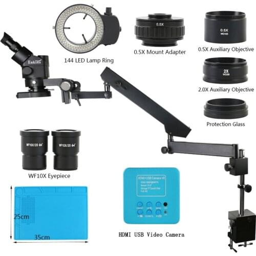 3.5X-90X Trinocular Stereo Microscope SONY IMX307 1080P HDMI USB Video + Camera Articulating Arm Pillar Clamp For PCB Soldering