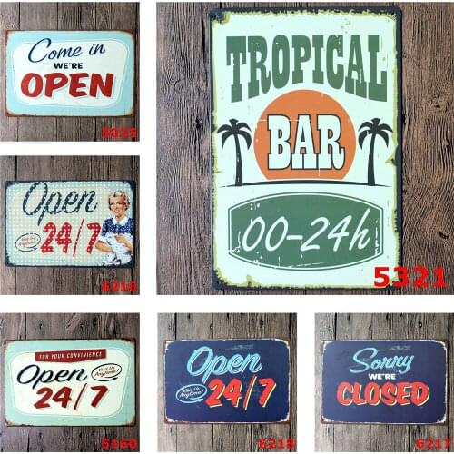 Vintage Metal Plaques of Tropical Bar 00-24h Come In We're Open 24/7 Sorry We're Closed for Tiki Bar Wall Decorative Billboard