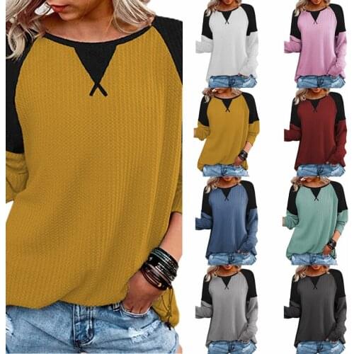 Women T Shirts Patchwork Casual Loose Top Female Long Sleeve Spring Fall O Neck Fashion Top Tees Women Clothing