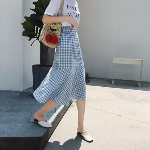 Customize Women Summer Fashion Plus Size 3XS-10XL High Waist Plaid Print Irregular Mermaid Skirt Lady Casual Wrap Cotton Skirts