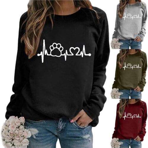 Women Fashion Casual Loose Round Neck Long Sleeve Personalied Symbol Print Blouse T-shirt Solid Color Girls All-match T-Shirt