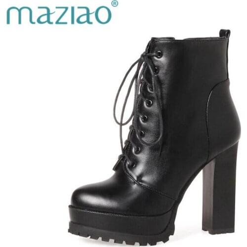 MAZIAO 2019 Women Ankle Boots Square High Heel Lace Up Roued Toe Women Platform Black Ladies Motorcycle Boots Size 33-43