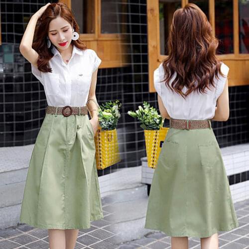2021 Summer Women Two-Piece Sets Skirt and Top Set White Short Sleeve Blouse Top and Green Weave Belt Skirt 2 Piece Outfits X70