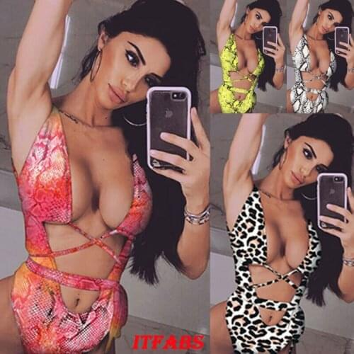Women Sexy Leopard Printing One Piece Swimsuit Bandage Monokini Beachwear Summer Swimwear Bikinis Bathing Suit