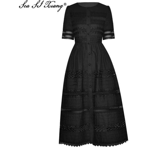Seasixiang Fashion Designer Summer Dress Women Short Sleeve Hollow Out Embroidery Single Breasted Solid Color Dressses